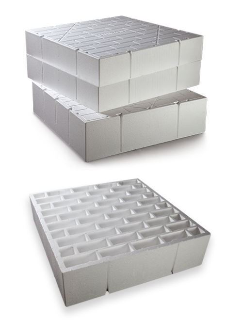 Concrete Pods Waffle pods stacked with under side brick pattern design